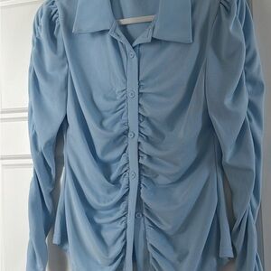SHEIN Light Blue Ruched Button Down Shirt